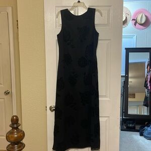 Sleeveless Black Dress w/ Black Velvet Roses and Back Slit